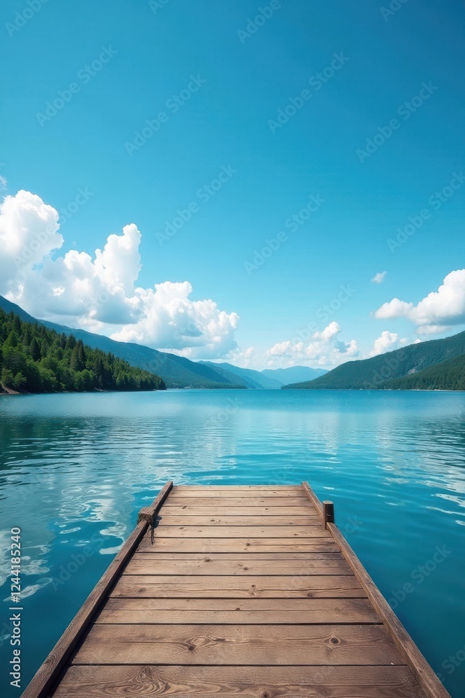 Obraz premium Elevated wooden dock overlooking lake, vibrant blue sky dotted with clouds , high angle, environment