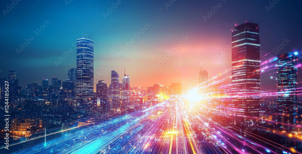 Bright lights and colors fill the urban skyline as the sun sets behind tall buildings. Energy beams radiate through the city, symbolizing a connection between technology and ecology. Bright lights and colors fill the urban skyline as the sun sets behind tall buildings. Energy beams radiate through the city, symbolizing a connection between technology and ecology.