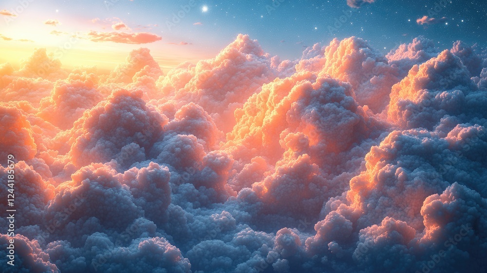 A serene view of fluffy clouds illuminated by a warm sunset glow. A serene view of fluffy clouds illuminated by a warm sunset glow.