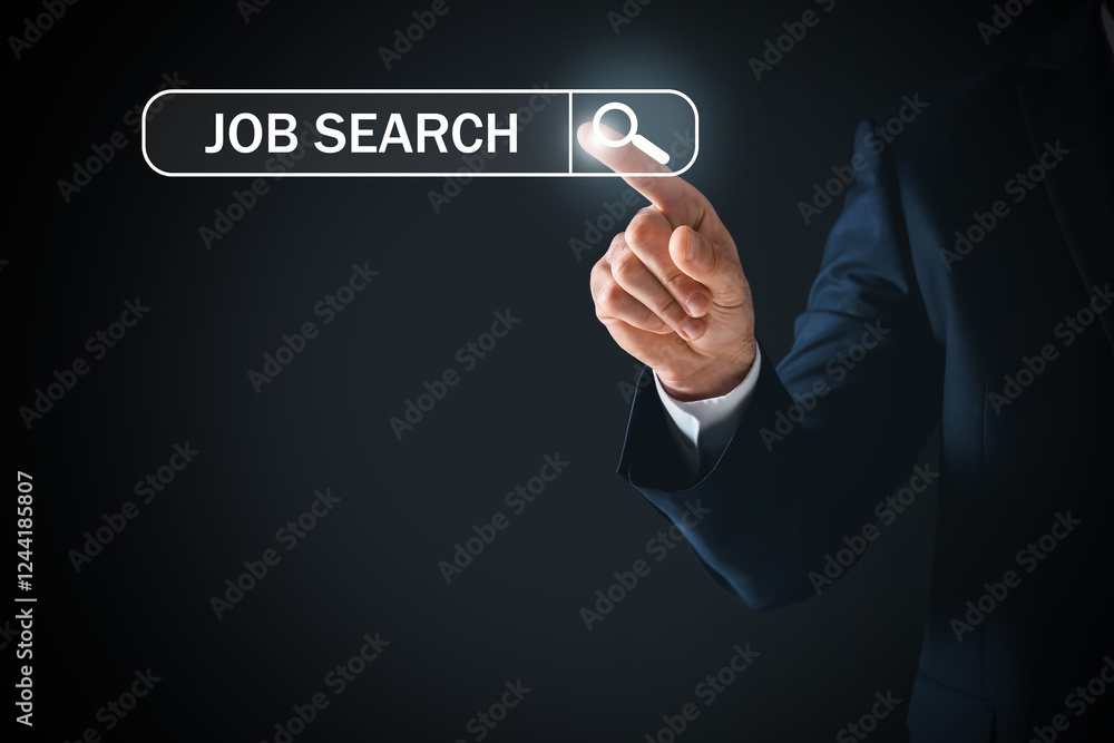 Job search. Businessman touching virtual search bar on black background, closeup Job search. Businessman touching virtual search bar on black background, closeup