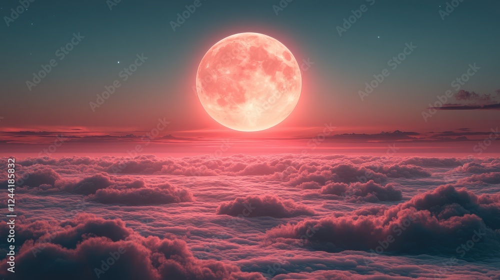 A large, glowing moon rises over soft clouds, creating a serene and dreamlike atmosphere. A large, glowing moon rises over soft clouds, creating a serene and dreamlike atmosphere.