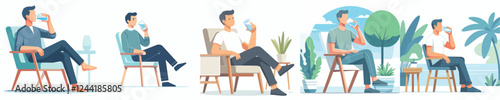 vector set of young men drinking a glass of water
