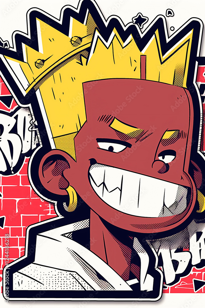Obraz premium Smiling King: A vibrant illustration of a stylized cartoon king, boasting a mischievous grin, golden crown, and bold red skin.
