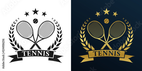 Tennis logo, icon or badge with crossed rackets and tennis ball. Sport symbol design with laurel wreath. Vector illustration.