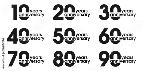 Anniversary icon or logo set. 10, 20, 30, 40, 50, 60, 70, 80, 90 years. Birthday celebrating, invitation, jubilee design element. Vector illustration.