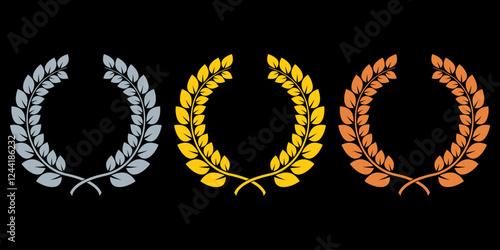 Laurel wreath award set. Gold, silver and bronze laurel frames. First, second, third place prize concept. Vector illustration.