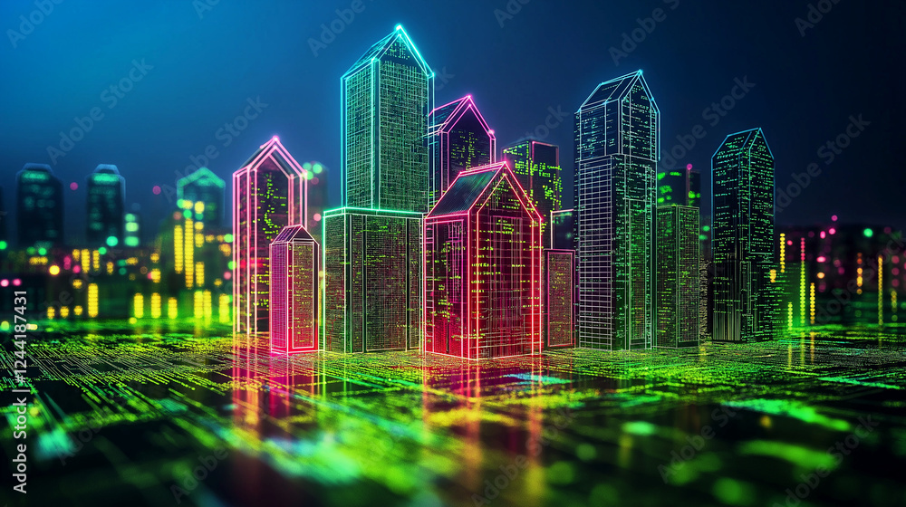 Futuristic digital cityscape illuminated with neon cyber aesthetics for technology, AI, and cybersecurity concepts Futuristic digital cityscape illuminated with neon cyber aesthetics for technology, AI, and cybersecurity concepts
