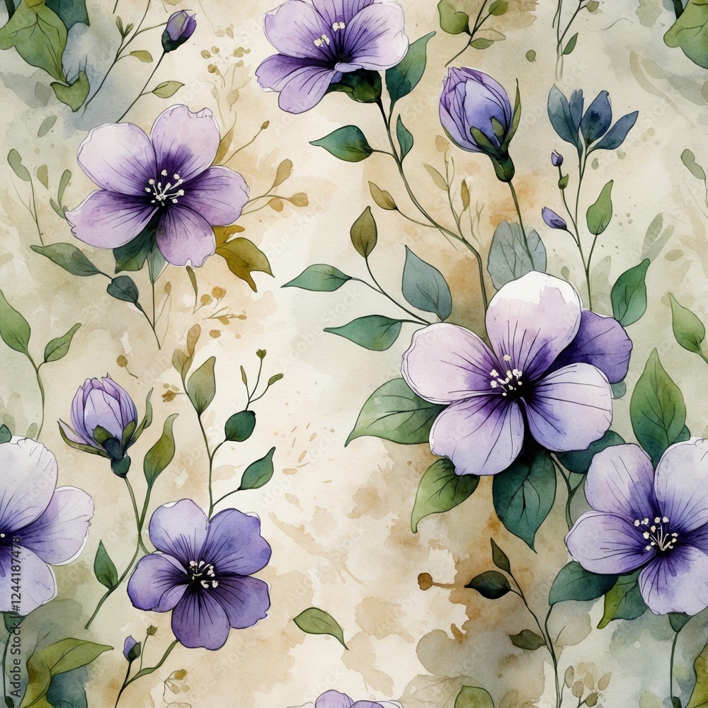 Obraz premium Floral pattern featuring delicate purple flowers on a soft beige background with green leaves and touches of watercolor