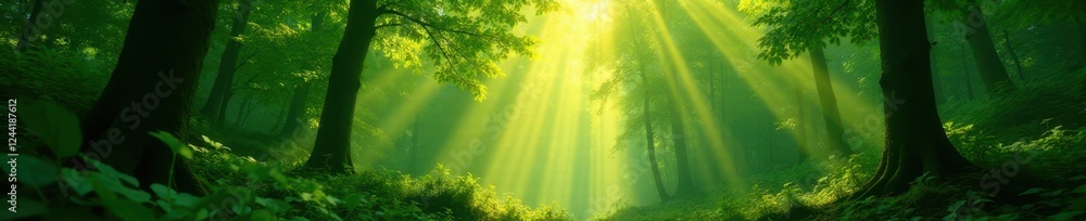 Sunbeams pierce dense forest canopy, vibrant green leaves , golden, rural Sunbeams pierce dense forest canopy, vibrant green leaves , golden, rural