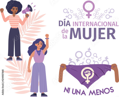 Recurso día de la mujer, mujeres diversas con altavoz, pañuelo morado y letrero de marcha del 8 marzo