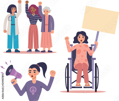 Día de la mujer, recursos con mujeres diversas en marcha con pancartas y altavoz 8 Marzo