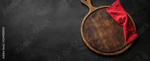 Dark grey background with an empty wooden round pizza board and a red napkin on top view, flat lay, banner mock-up for a menu or restaurant advertising concept. 