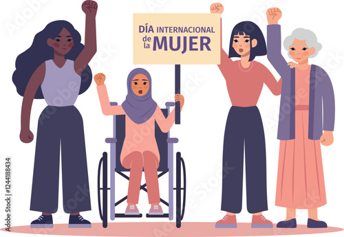 Día de la mujer, ilustración con mujeres diversas en tonos pastel morados, marcha 8 Marzo