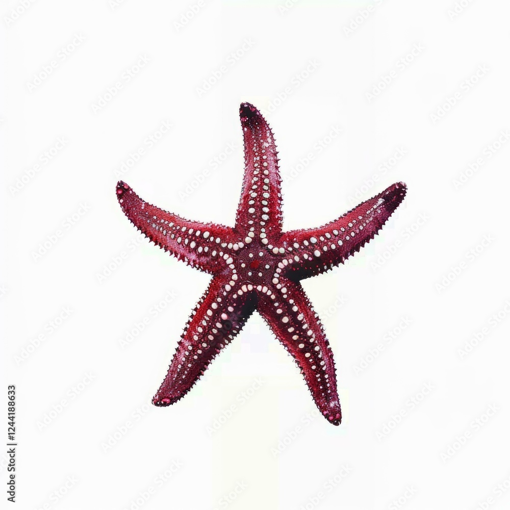 Close up of a red starfish showcasing its intricate white dots, isolated against a pristine white backdrop Close up of a red starfish showcasing its intricate white dots, isolated against a pristine white backdrop