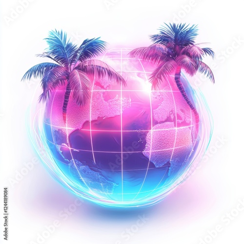 Fototapeta Naklejka Na Ścianę i Meble -  neon pink and blue vaporwave planet with retro-futuristic grid lines and glowing palm trees on a white background