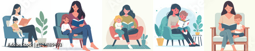 vector set of mother reading a book to her child