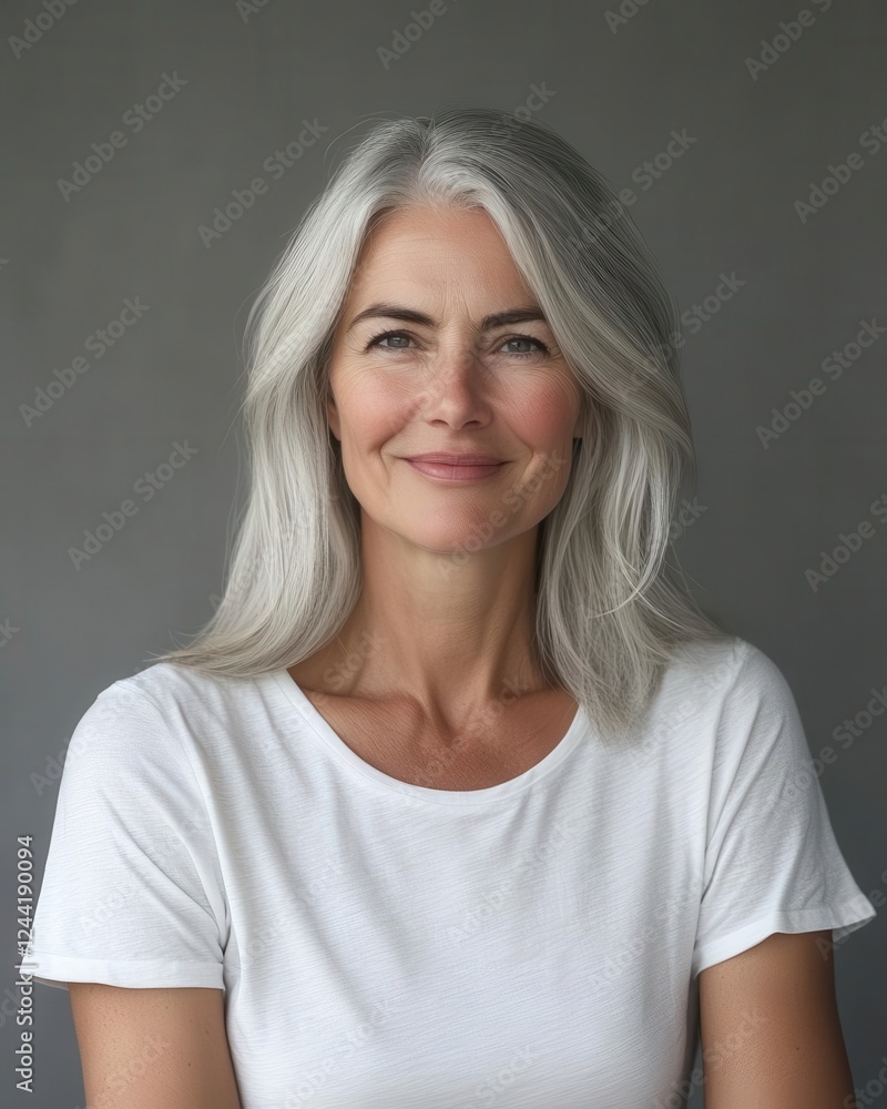 Clean Studio Portrait of Smiling Middle-Aged Woman with Silver Hair for Corporate Branding Clean Studio Portrait of Smiling Middle-Aged Woman with Silver Hair for Corporate Branding