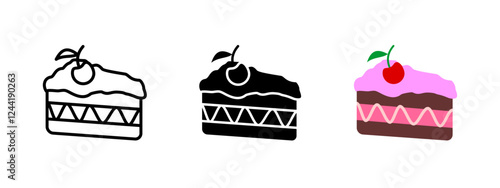 Piece of cake with cherry icon. Tasty dessert slice vector illustration. Sweet bakery treat symbol. Chocolate pastry with creamy icing sign for gourmet celebration pictogram.