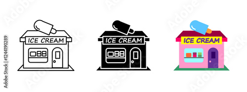 Ice cream shop icon. Frozen dessert kiosk vector illustration. Sweet treat store symbol. Ice cream cafe sign. Gelato parlor concept. Summer snack store building graphic.