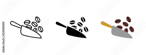 Coffee scoop icon. Fresh roasted beans vector illustration. Barista cafe grinder symbol. Gourmet espresso beverage sign. Morning caffeine aroma concept.
