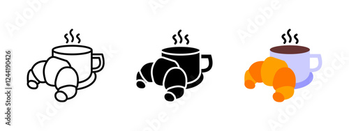 Coffee and croissant icon. Classic breakfast vector illustration. Morning cafe drink symbol. Fresh bakery pastry sign. Gourmet brunch food concept.