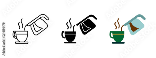 Pouring coffee pot icon. Hot beverage vector illustration. Freshly brewed cup symbol. Steaming espresso drink sign. Morning energy aroma concept.