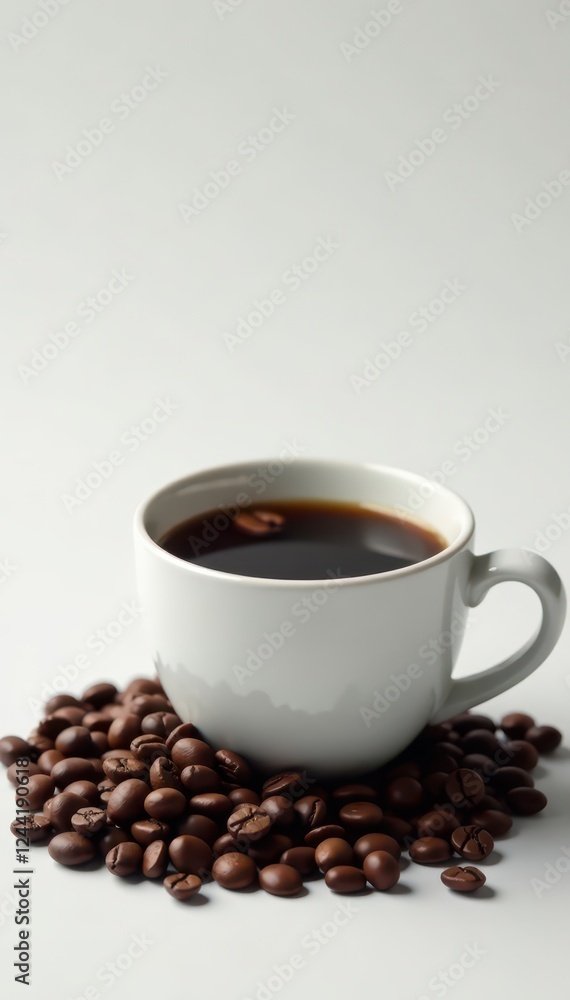 A single white cup filled to the brim with dark coffee beans, close-up, still life A single white cup filled to the brim with dark coffee beans, close-up, still life