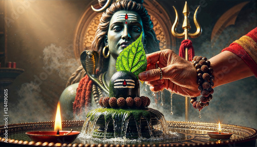 Offering Bel Patra to a Shiva Lingam with Lord Shiva’s Blessing, adorned with rudraksha beads and flowing water.