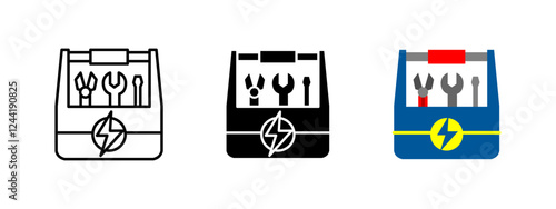 Tool box electrician icon. Electrical repair vector illustration. Maintenance service symbol. Work kit with pliers, wrench, and screwdriver sign. Power safety industrial concept.