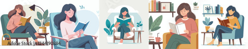 vector set of young women reading books on chairs
