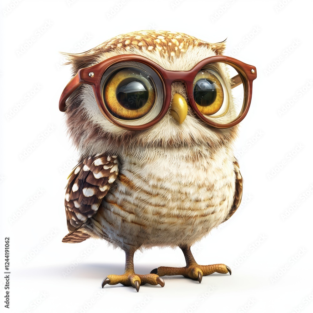 Obraz premium Little owl wearing tiny glasses, isolated on white background