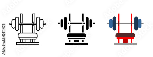 Bench press icon. Barbell vector illustration. Gym strength training symbol. Fitness and workout sign. Bodybuilding and exercise pictogram. Weightlifting concept.