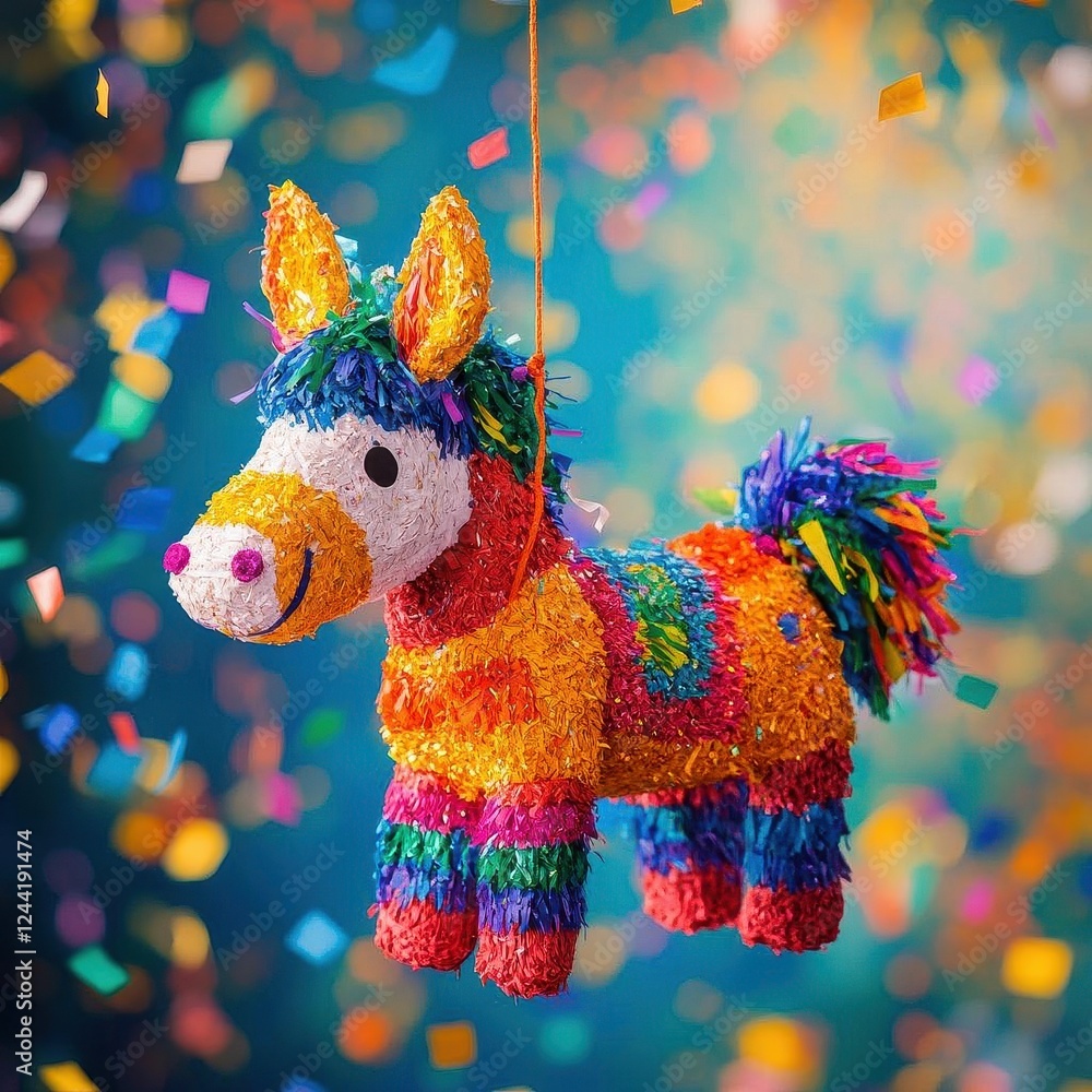 Obraz premium Colorful Donkey Piñata Hanging Against Blurry Festive Background with Confetti