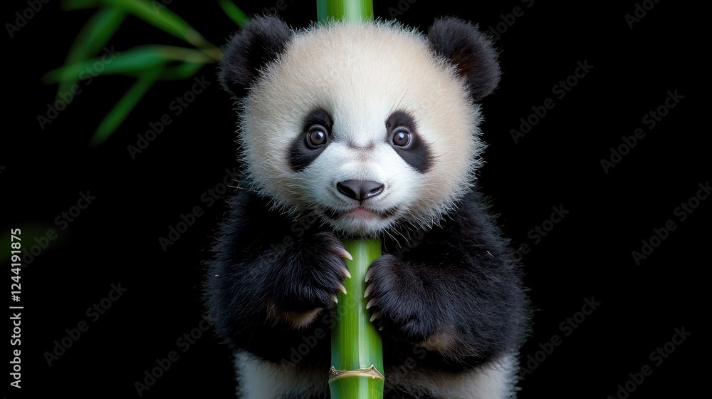 Cute panda cub clinging bamboo, dark background, wildlife conservation