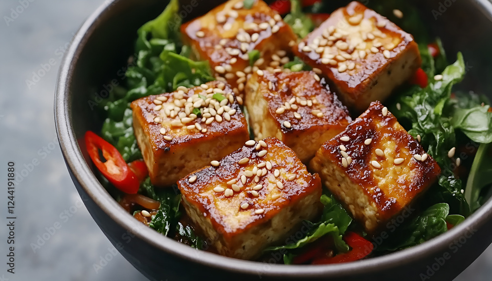 Stir Fried Tofu in a bowl with sesame and greens. Homemade healthy vegan asian meal - fried tofu Stir Fried Tofu in a bowl with sesame and greens. Homemade healthy vegan asian meal - fried tofu