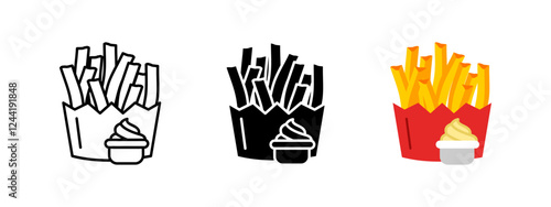 French fries icon. Crispy potato sticks with dipping sauce vector illustration. Fast food snack symbol. Fried side dish sign. Unhealthy yet delicious meal pictogram.