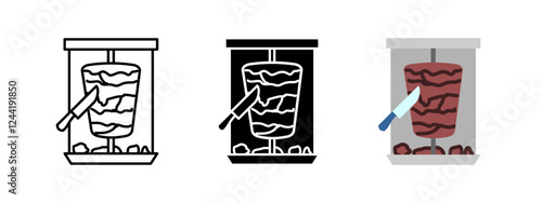 Doner kebab icon. Shawarma grill vector illustration. Rotating meat spit symbol. Street food pictogram. Shish kebab on a stick. Turkish and Middle Eastern cuisine street food concept.