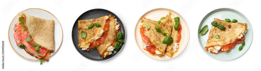 Delicious crepes with salmon and cream cheese isolated on white, set. Top view