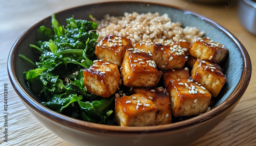Stir Fried Tofu in a bowl with sesame and greens. Homemade healthy vegan asian meal - fried tofu Stir Fried Tofu in a bowl with sesame and greens. Homemade healthy vegan asian meal - fried tofu