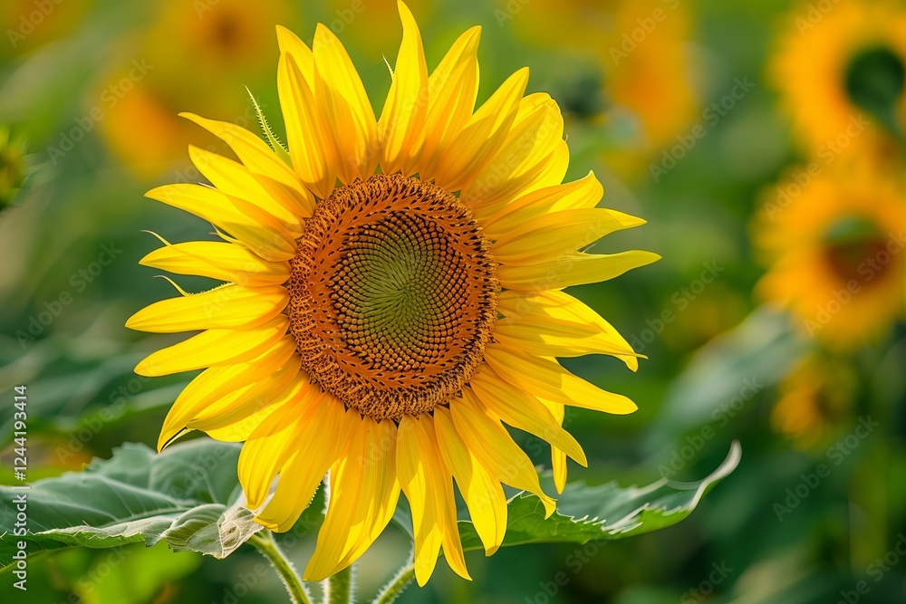 Bright yellow sunflower head is growing in the agricultural field on a sunny summer day Bright yellow sunflower head is growing in the agricultural field on a sunny summer day