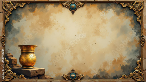 Ancient religious artifact display with golden vase on stone pedestal, encased in ornate frame with vintage texture.