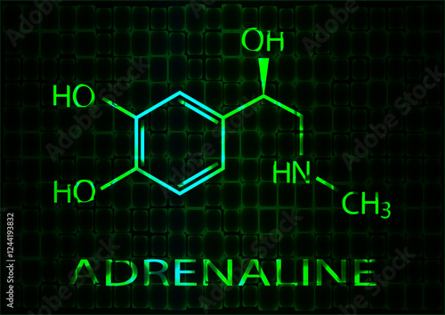 The chemical formula of adrenaline. A neon illustration glowing with green light. Vector EPS 10