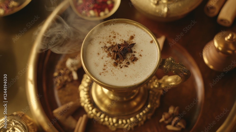 Traditional Indian hot drink with milk and spices - Masala tea. Organic ayurvedic chai, herbal drink. Traditional Indian hot drink with milk and spices - Masala tea. Organic ayurvedic chai, herbal drink.
