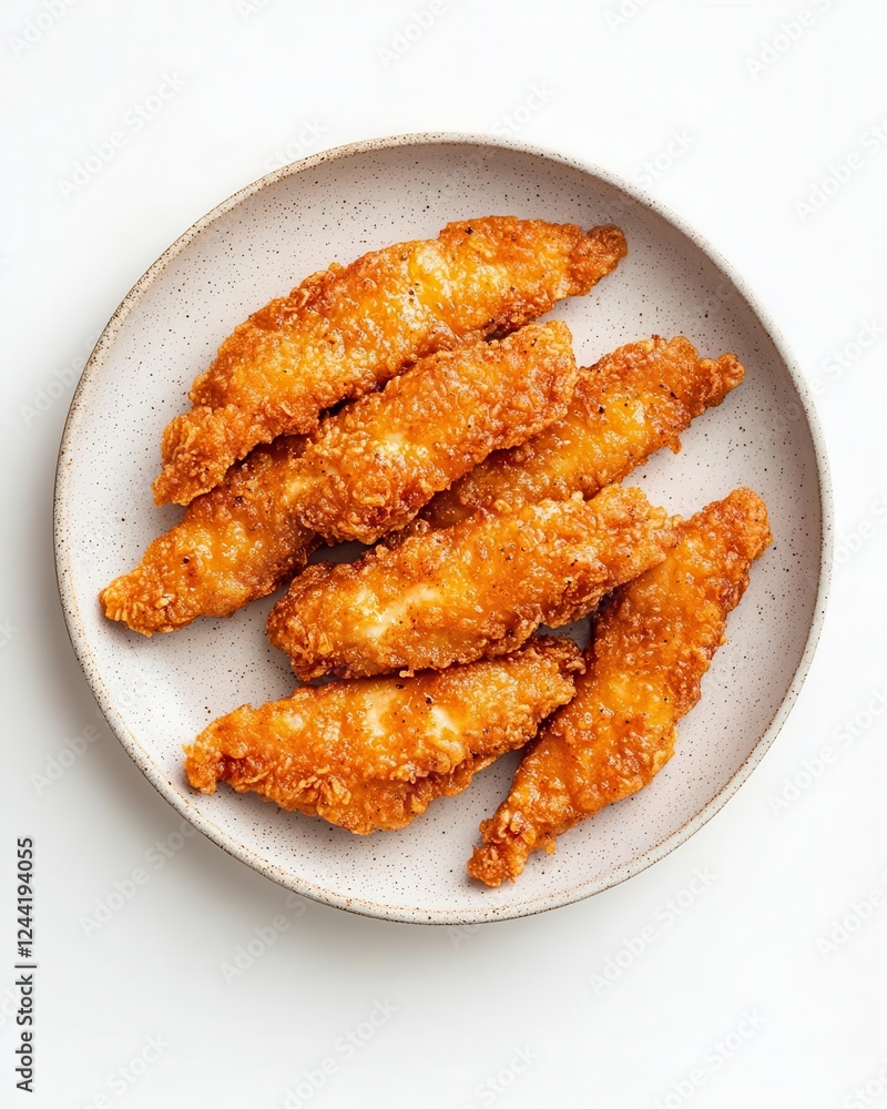 Crispy Fried Chicken Strips Isolated on White Background for Fast Food Advertising Campaigns Crispy Fried Chicken Strips Isolated on White Background for Fast Food Advertising Campaigns