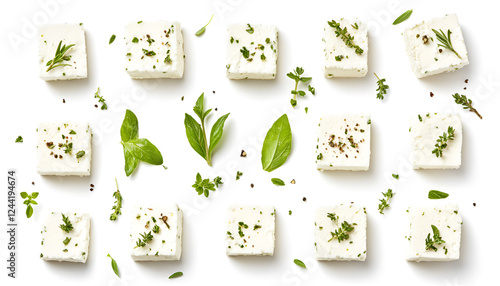 Greek Feta Cheese isolated on white background, top view. Fresh Feta cheese seasoning with herbs