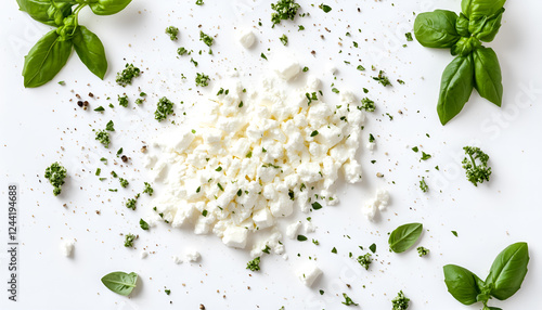 Greek Feta Cheese isolated on white background, top view. Fresh Feta cheese seasoning with herbs