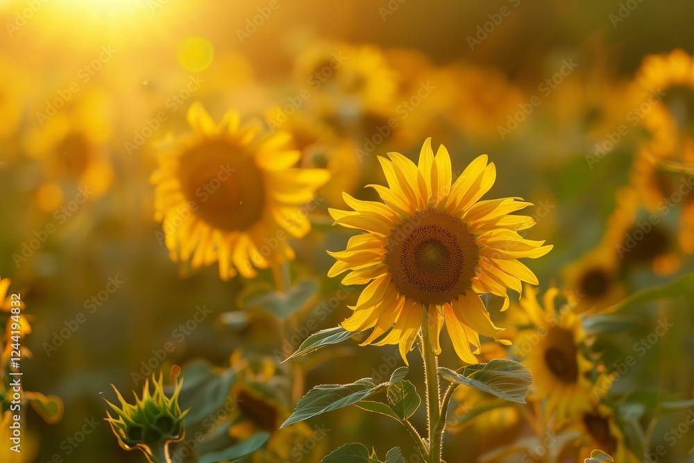Beautiful sunflowers blooming in a field at sunset, creating a warm golden light Beautiful sunflowers blooming in a field at sunset, creating a warm golden light