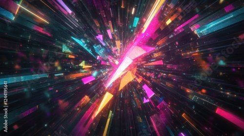 Abstract colorful geometric shapes exploding outwards, creating dynamic vibrant background for creative use