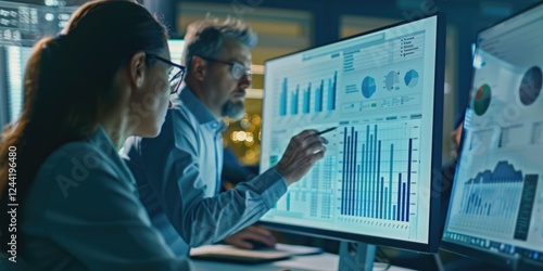 financial consultants analyze business indicators on a computer monitor, visualize financial stock charts and drawings, business planning department, digital workspace
