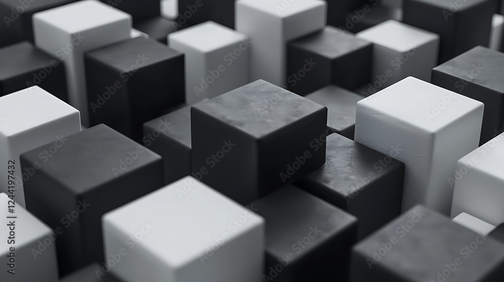 Abstract arrangement of black and white cubes of varying heights. Geometric composition, modern and minimalist design element.
Abstract arrangement of black and white cubes of varying heights. Geometric composition, modern and minimalist design element.
